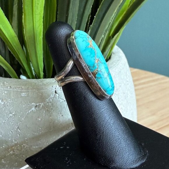 Vintage Turquoise Ring Size 4.5 Native American Sterling Silver Elongated - Picture 2 of 10